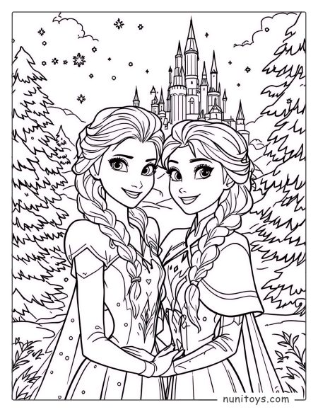 Coloriage d’Elsa et Anna se tenant la main devant le château de glace