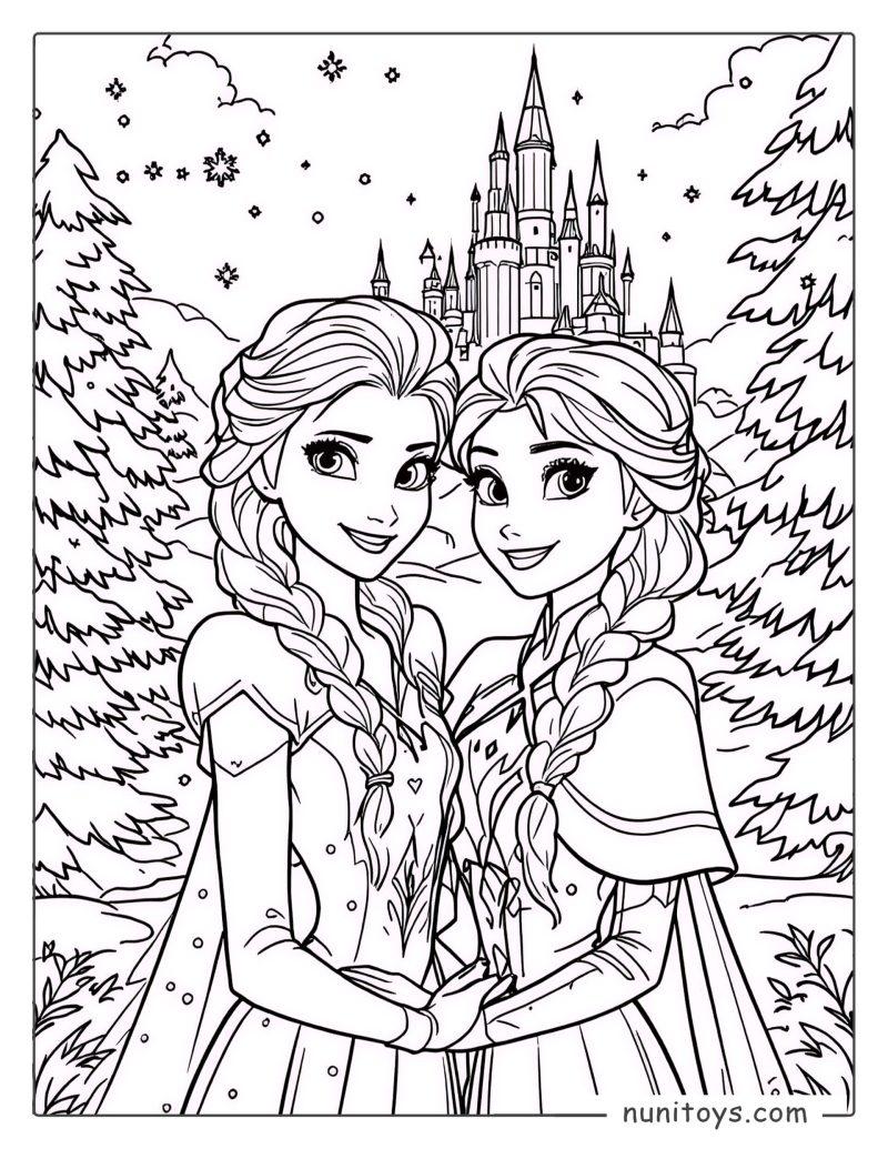 Coloriage d’Elsa et Anna se tenant la main devant le château de glace