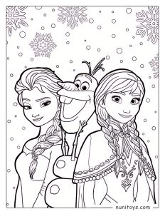 Coloriage d’Elsa et Anna souriant dans la neige avec Olaf