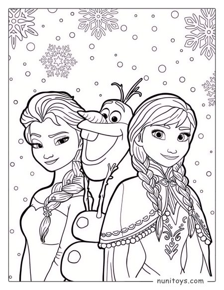 Coloriage d’Elsa et Anna souriant dans la neige avec Olaf
