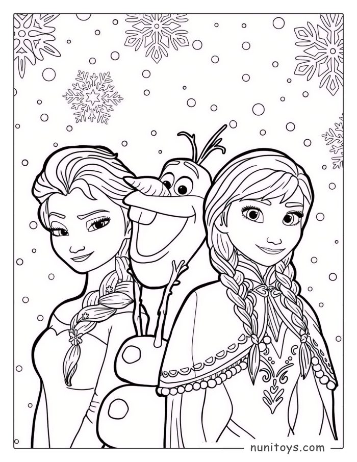 Coloriage d’Elsa et Anna souriant dans la neige avec Olaf