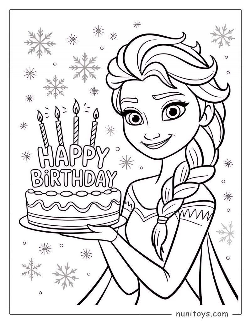 Coloriage d’Elsa tenant un gâteau d’anniversaire