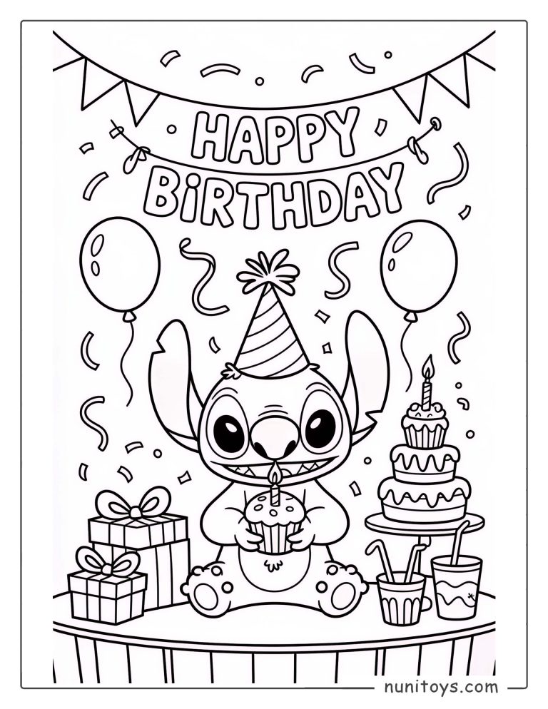 Coloriage d’anniversaire de Stitch avec cupcake chapeau de fête et ballons