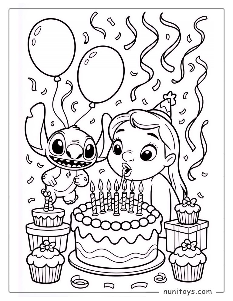 Coloriage d’anniversaire de Stitch et Lilo avec gâteau et bougies