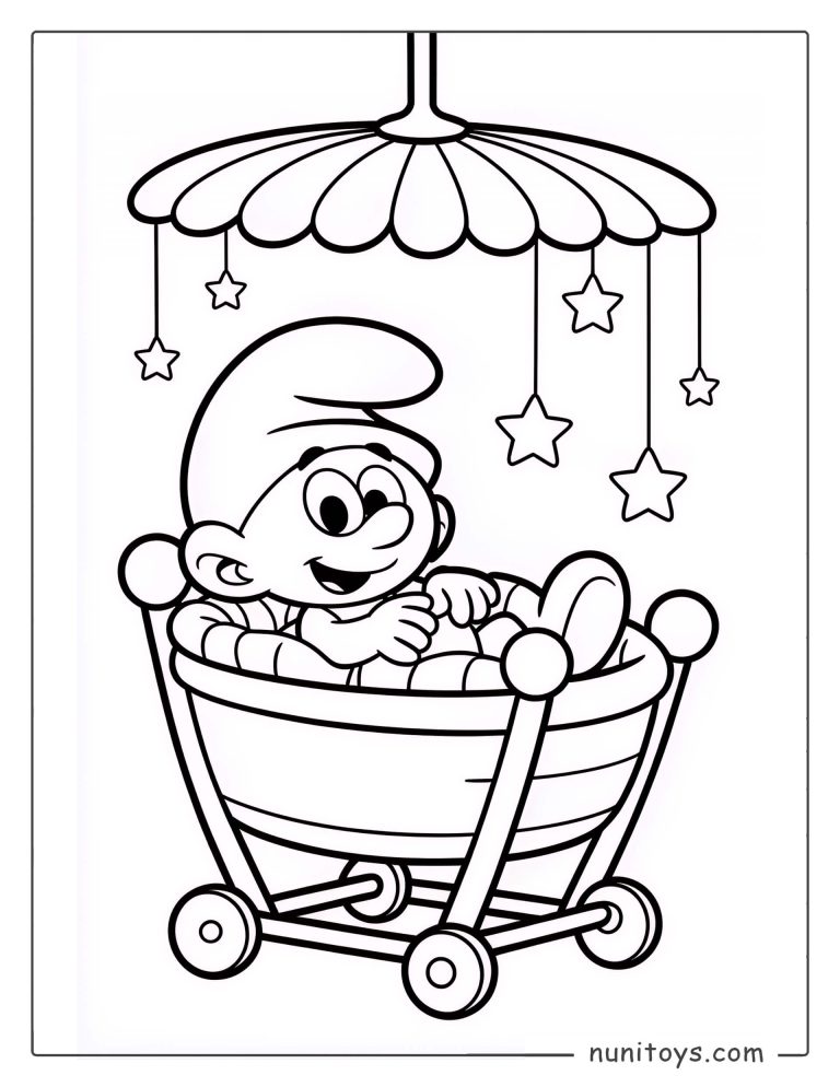 Coloriage de Bébé Schtroumpf se reposant dans un berceau