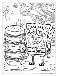 Coloriage de Bob l’Éponge avec des pâtés de crabe empilés