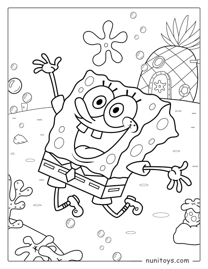 Coloriage de Bob l’Éponge dansant joyeusement devant la maison ananas