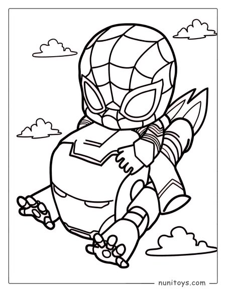 Coloriage de Spiderman chevauchant Iron Man