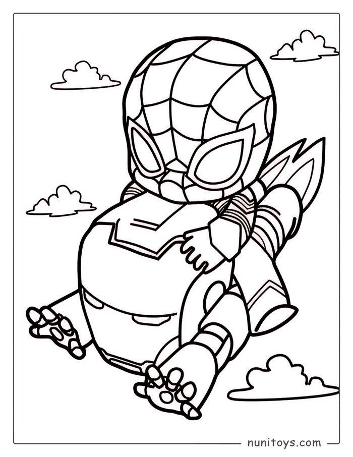 Coloriage de Spiderman chevauchant Iron Man