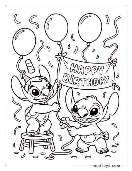 Coloriage de Stitch et Angel tenant des ballons d’anniversaire