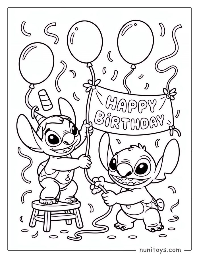 Coloriage de Stitch et Angel tenant des ballons d’anniversaire