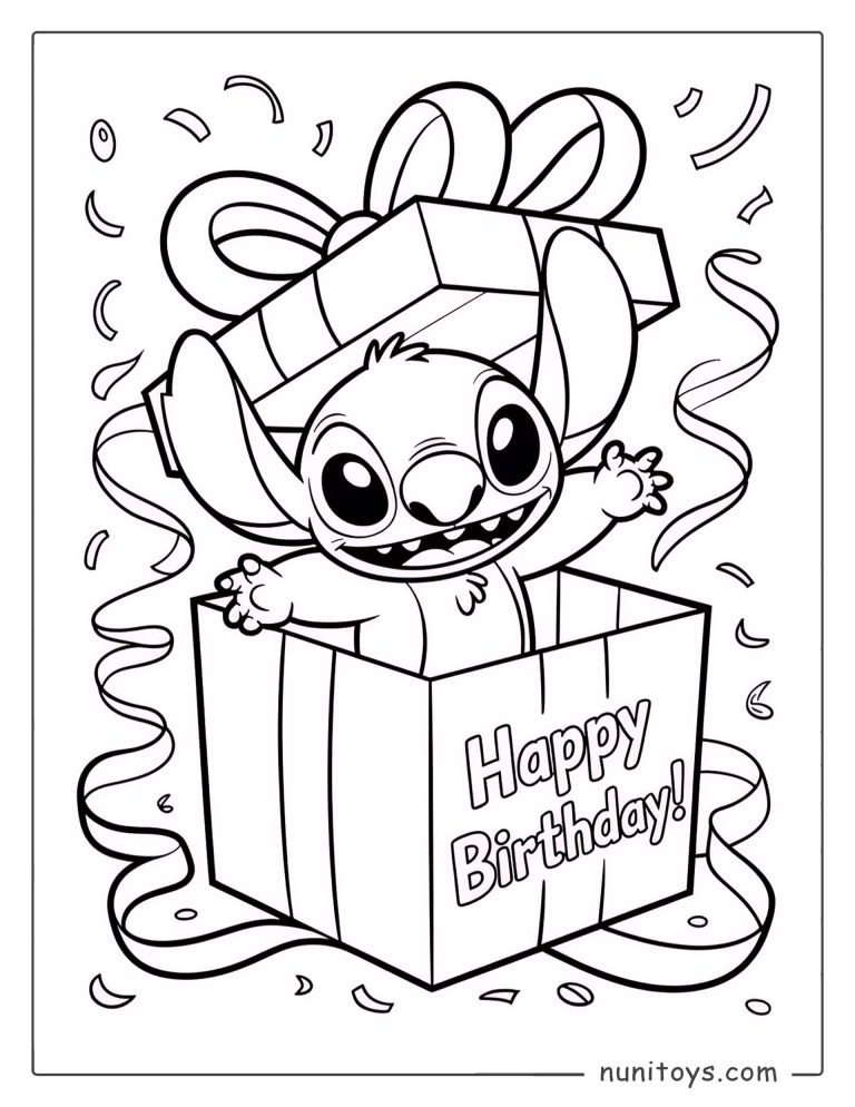 Coloriage de Stitch sautant hors d’une boîte cadeau d’anniversaire