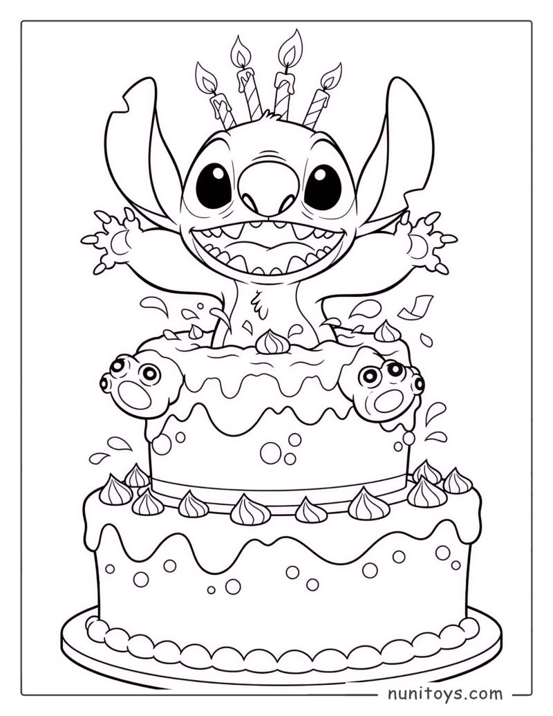 Coloriage de Stitch sortant d’un gâteau d’anniversaire