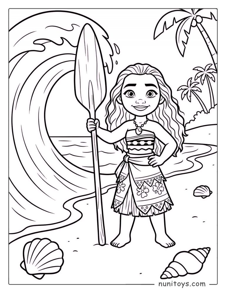 Coloriage de Vaiana debout sur la plage tenant une pagaie