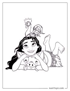 Coloriage de Vaiana se relaxant avec Pua et Heihei sur la tête