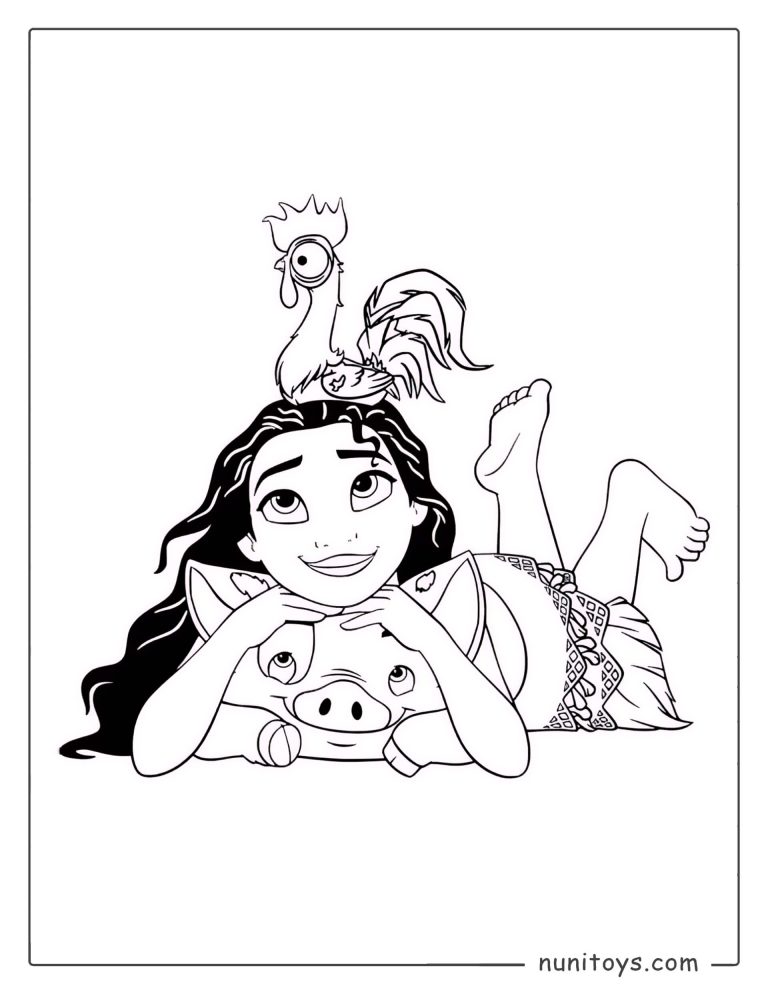 Coloriage de Vaiana se relaxant avec Pua et Heihei sur la tête