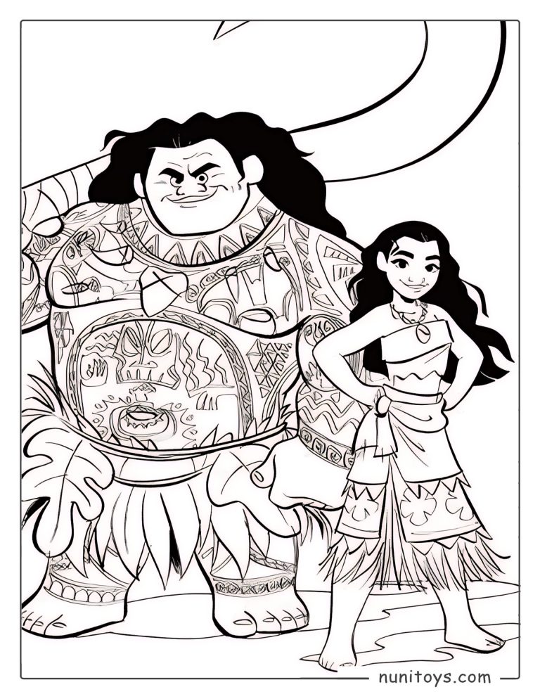 Coloriage de Vaiana se tenant avec assurance aux côtés de Maui