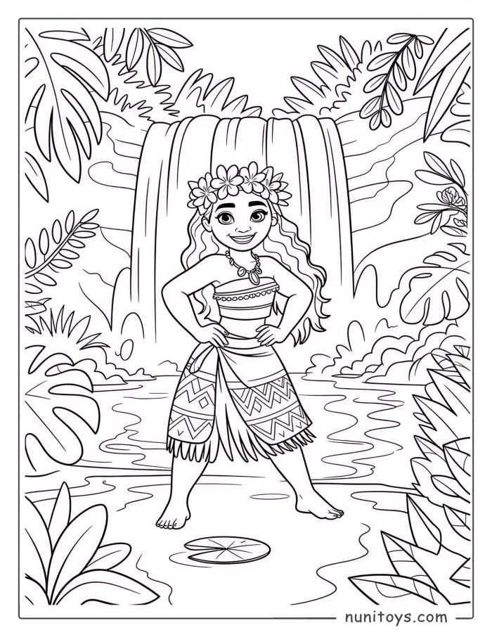 Coloriage de Vaiana se tenant fièrement devant une cascade tropicale
