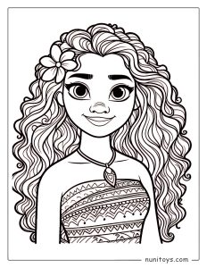 Coloriage de Vaiana souriant avec les cheveux au vent