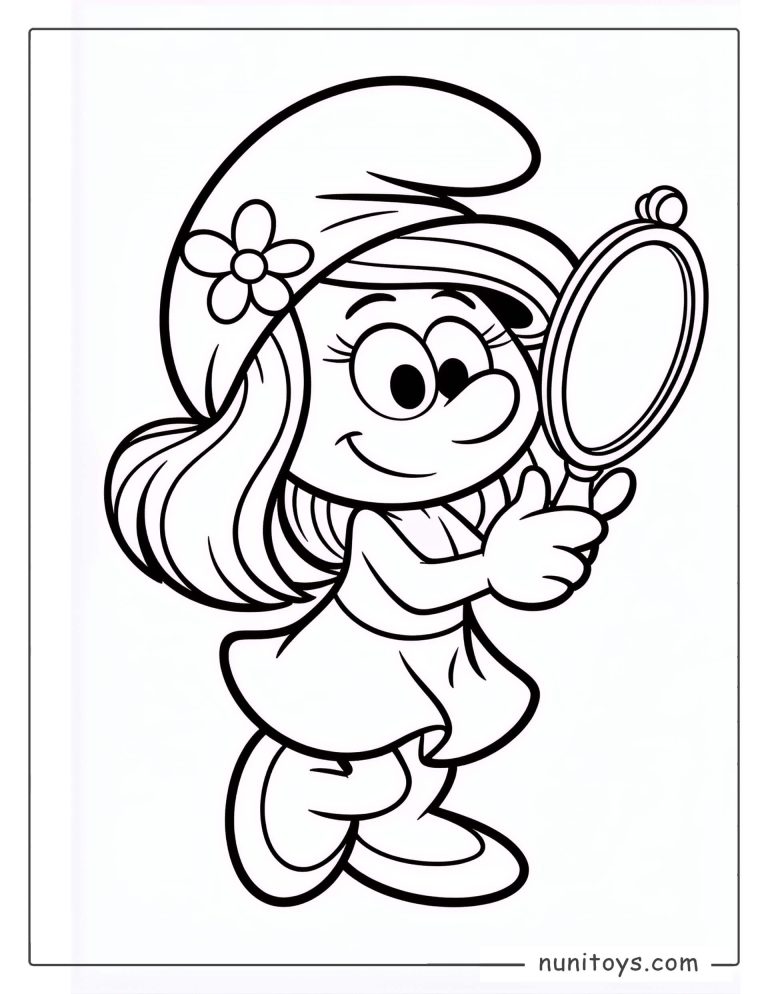 Coloriage de la Schtroumpfette se regardant dans un miroir