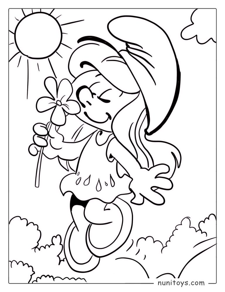 Coloriage de la Schtroumpfette tenant une fleur par une journée ensoleillée