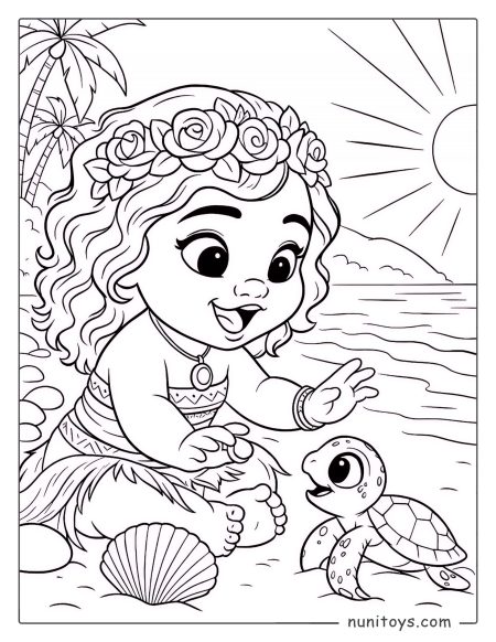 Coloriage de la jeune Vaiana jouant sur la plage avec un bébé tortue de mer