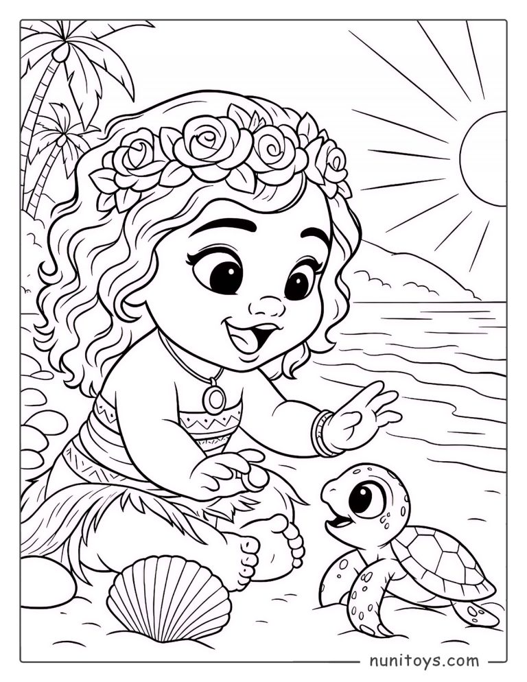 Coloriage de la jeune Vaiana jouant sur la plage avec un bébé tortue de mer