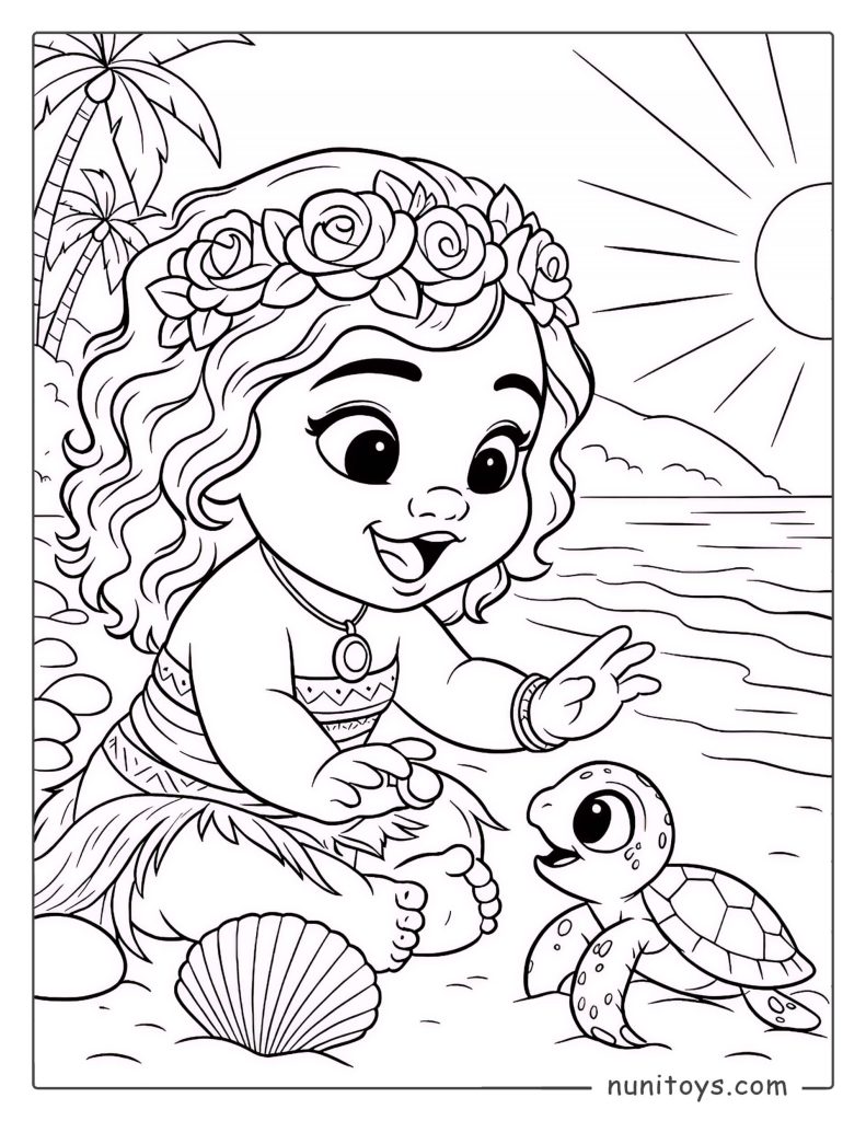 Coloriage de la jeune Vaiana jouant sur la plage avec un bébé tortue de mer