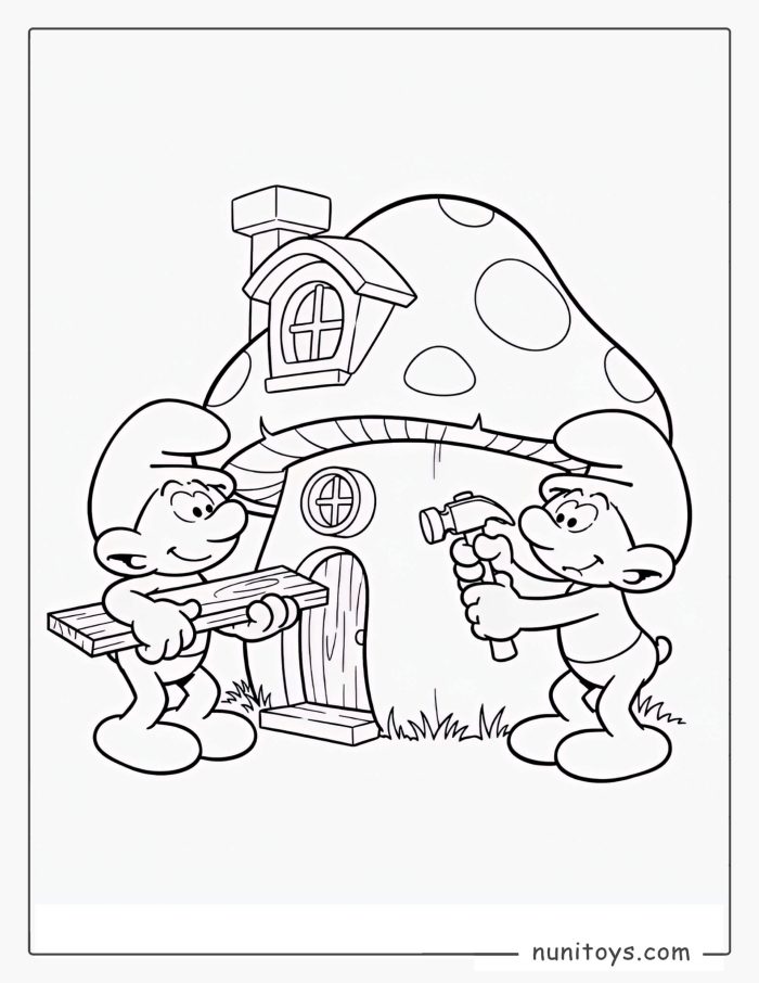 Coloriage des Schtroumpfs construisant une maison champignon