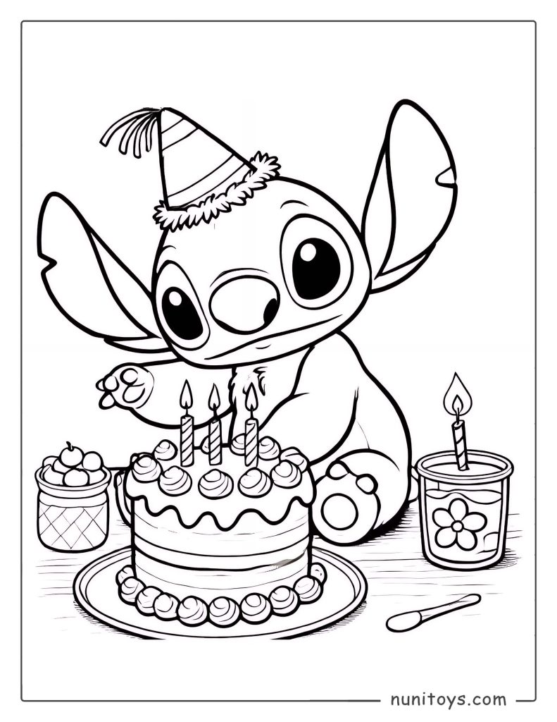 Coloriage du gâteau d’anniversaire de Stitch avec bougies