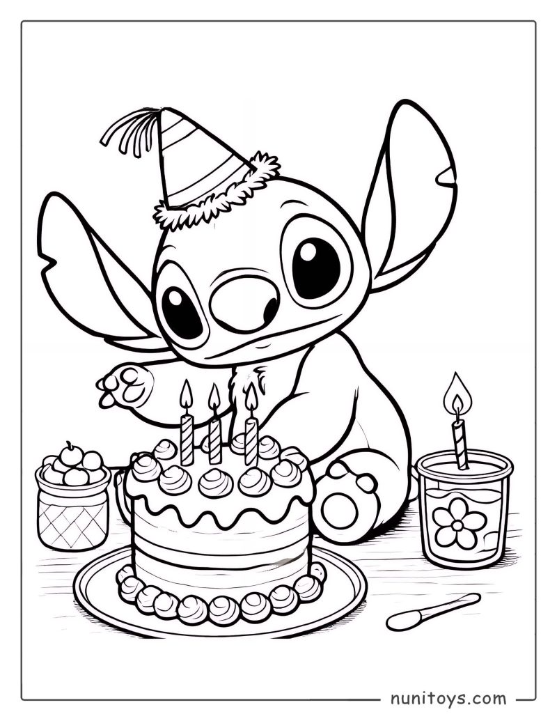 Coloriage du gâteau d’anniversaire de Stitch avec bougies