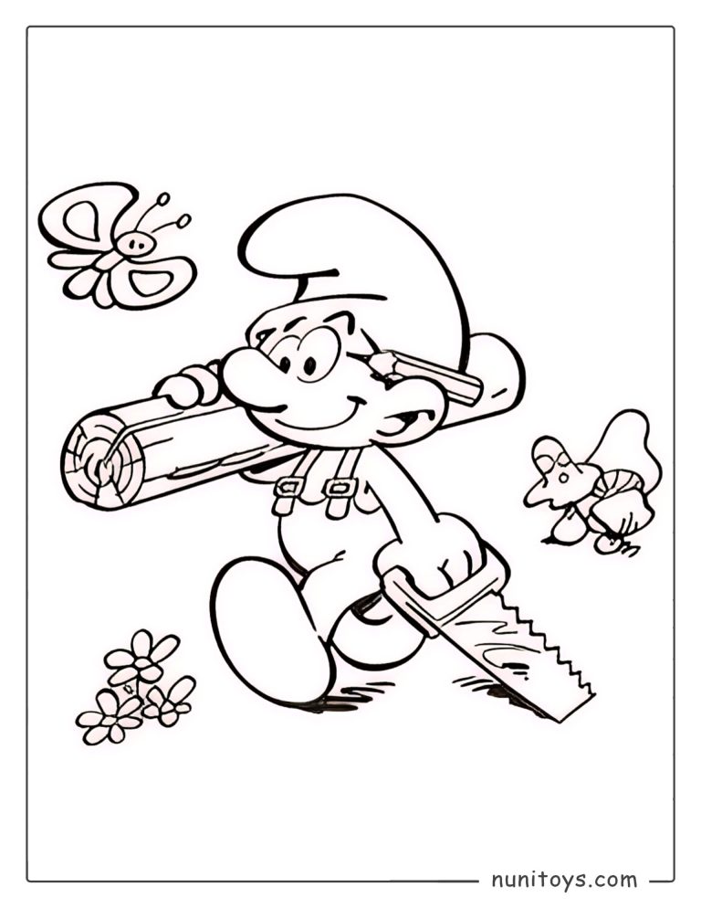 Coloriage d’un Schtroumpf charpentier transportant du bois