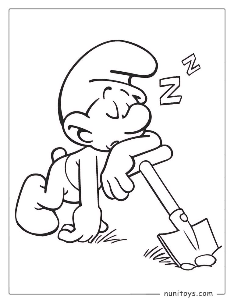 Coloriage d’un Schtroumpf endormi reposant sur une pelle