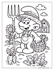 Coloriage d’un Schtroumpf fermier récoltant des légumes