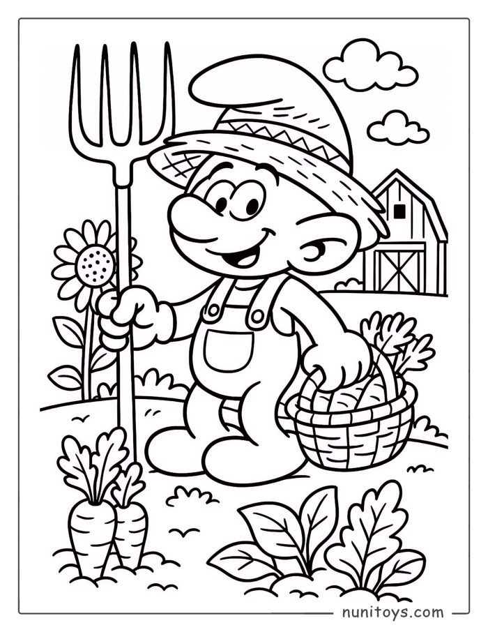 Coloriage d’un Schtroumpf fermier récoltant des légumes