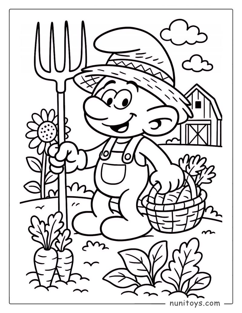 Coloriage d’un Schtroumpf fermier récoltant des légumes