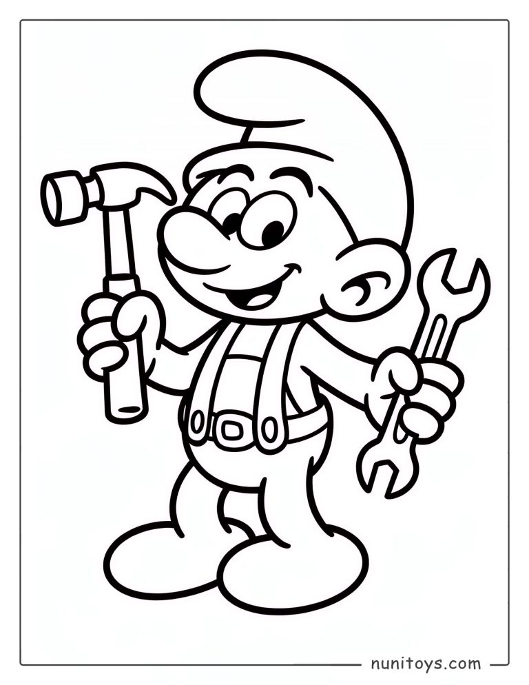 Coloriage d’un Schtroumpf mécanicien tenant des outils