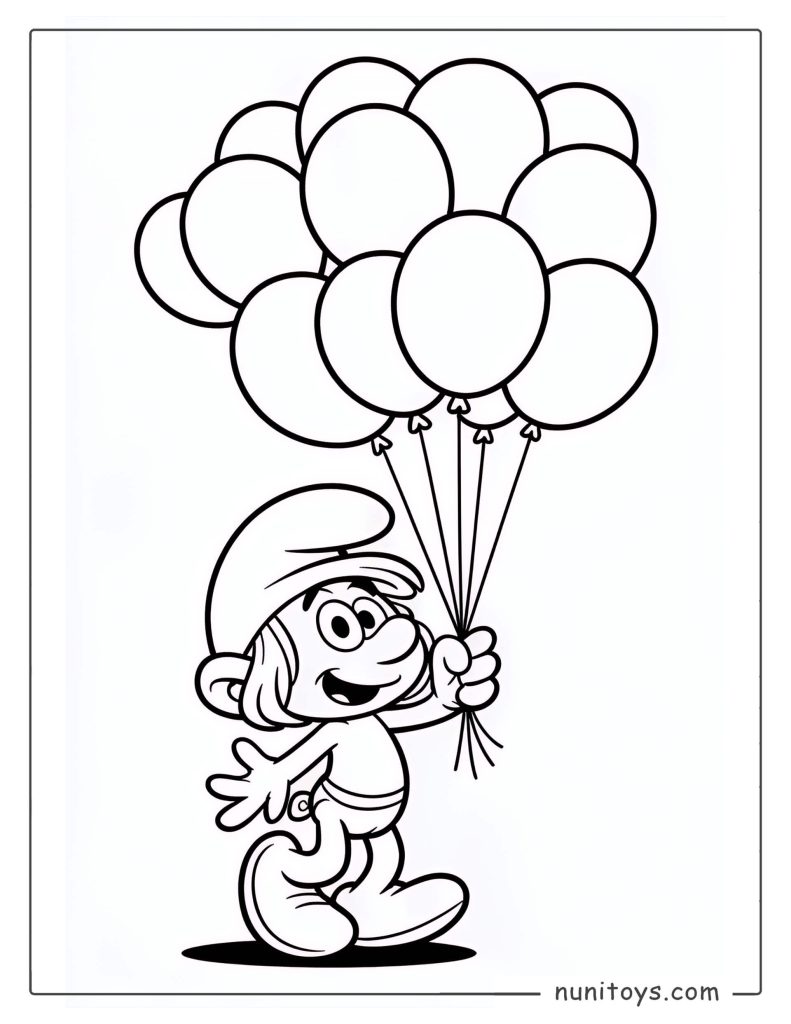 Coloriage d’un Schtroumpf tenant des ballons