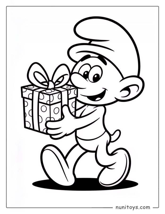 Coloriage mignon d’un Schtroumpf portant un cadeau