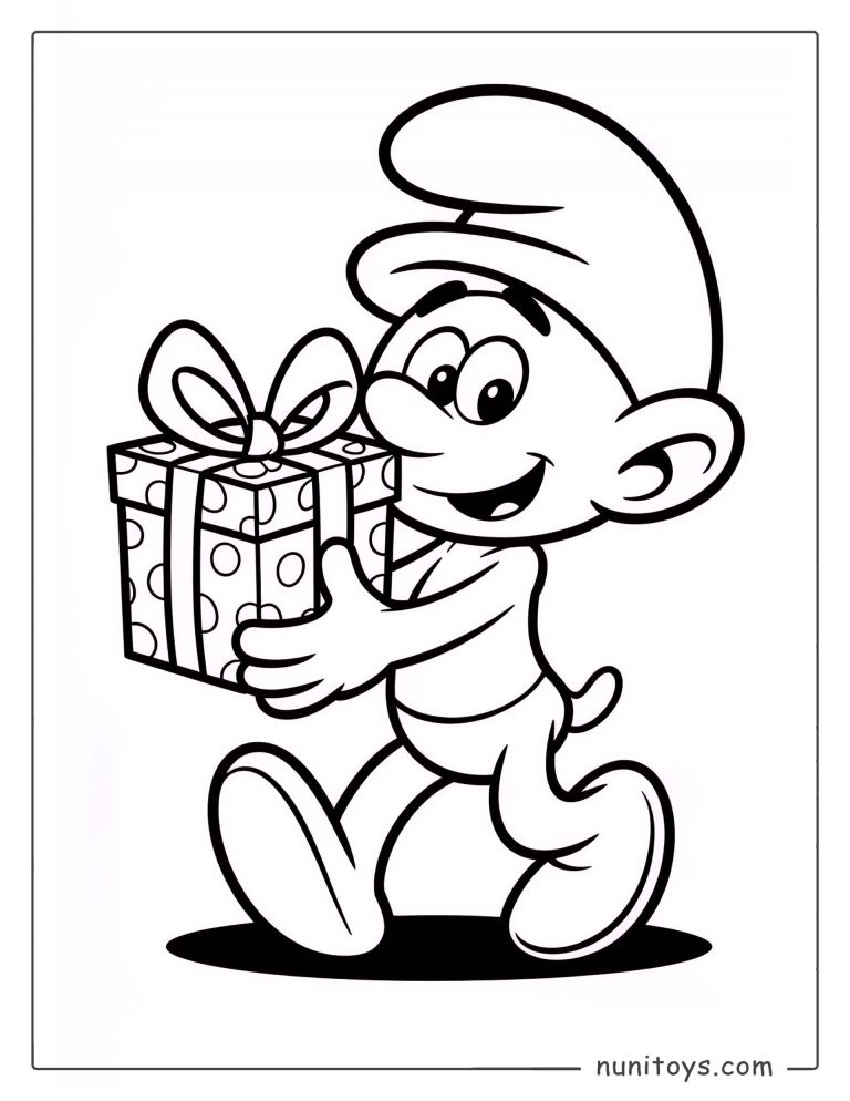 Coloriage mignon d’un Schtroumpf portant un cadeau