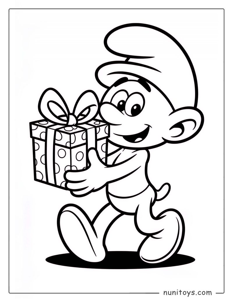 Coloriage mignon d’un Schtroumpf portant un cadeau