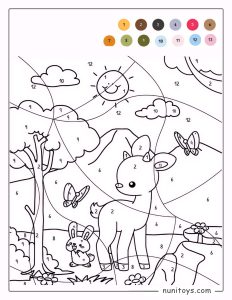 Coloriage par numéros d’un bébé cerf dans la nature avec des papillons