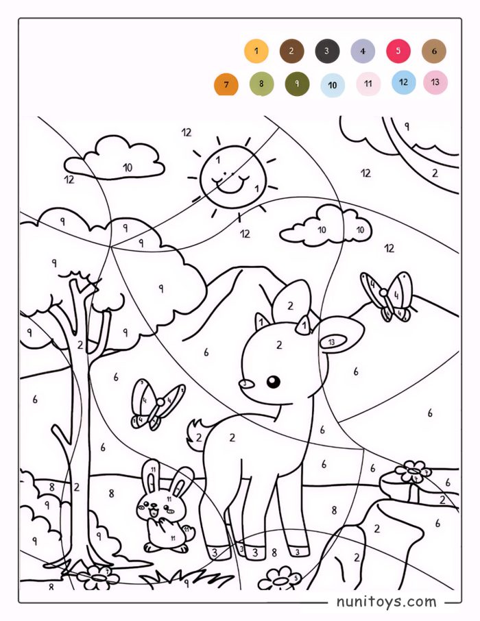 Coloriage par numéros d’un bébé cerf dans la nature avec des papillons