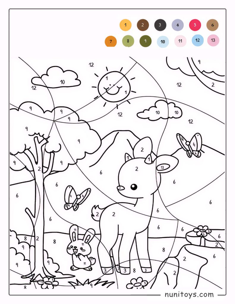 Coloriage par numéros d’un bébé cerf dans la nature avec des papillons