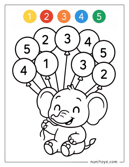 Coloriage par numéros d’un bébé éléphant avec des ballons