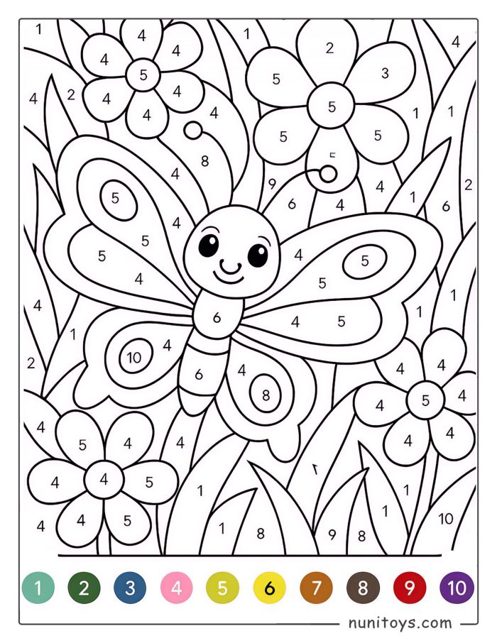 Coloriage par numéros d’un papillon joyeux avec des fleurs