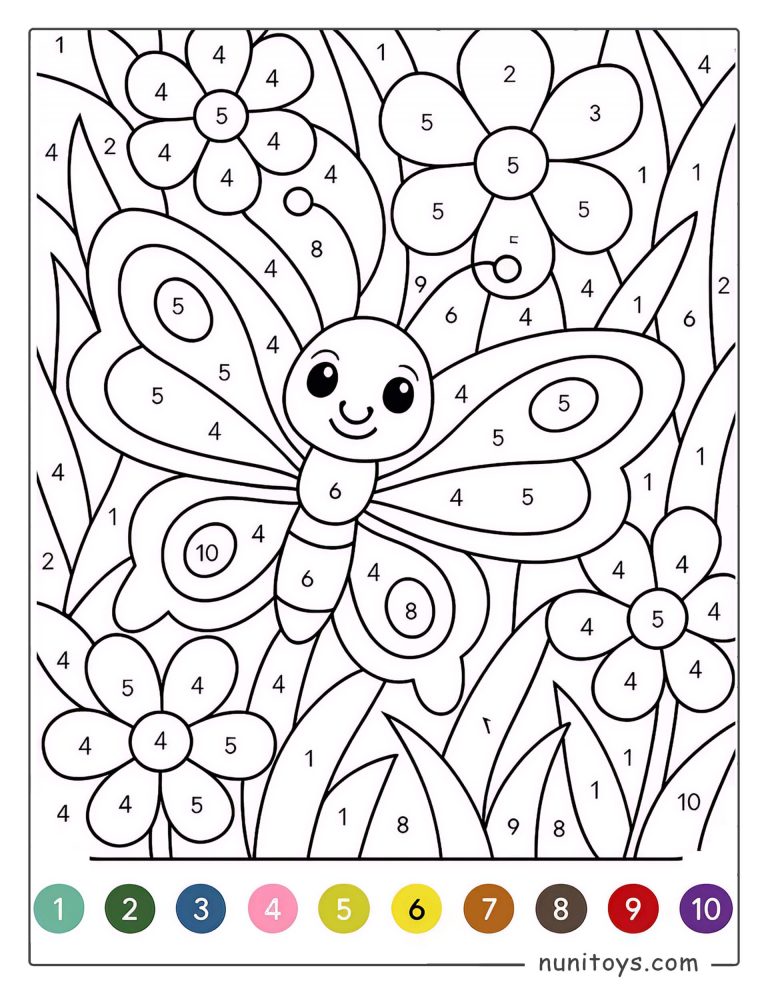 Coloriage par numéros d’un papillon joyeux avec des fleurs