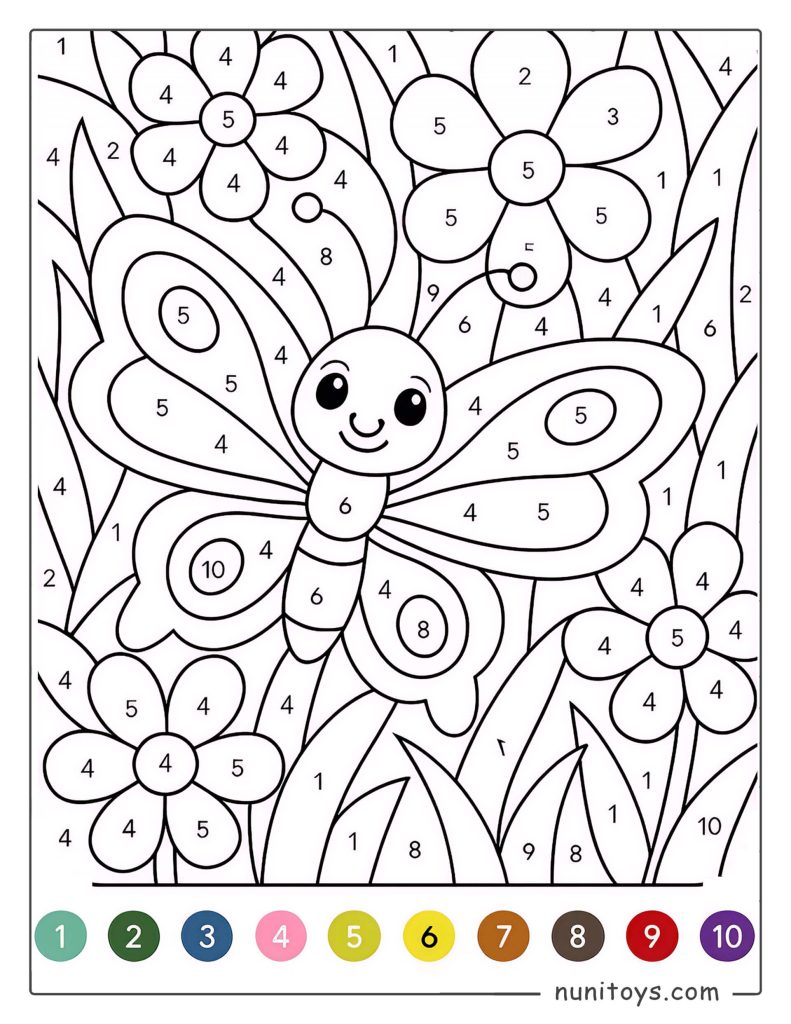 Coloriage par numéros d’un papillon joyeux avec des fleurs