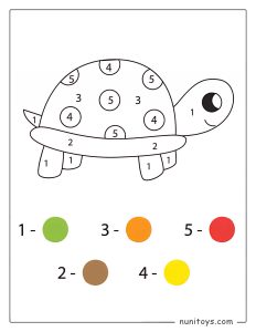 Coloriage par numéros d’une tortue souriante pour enfants d’âge préscolaire