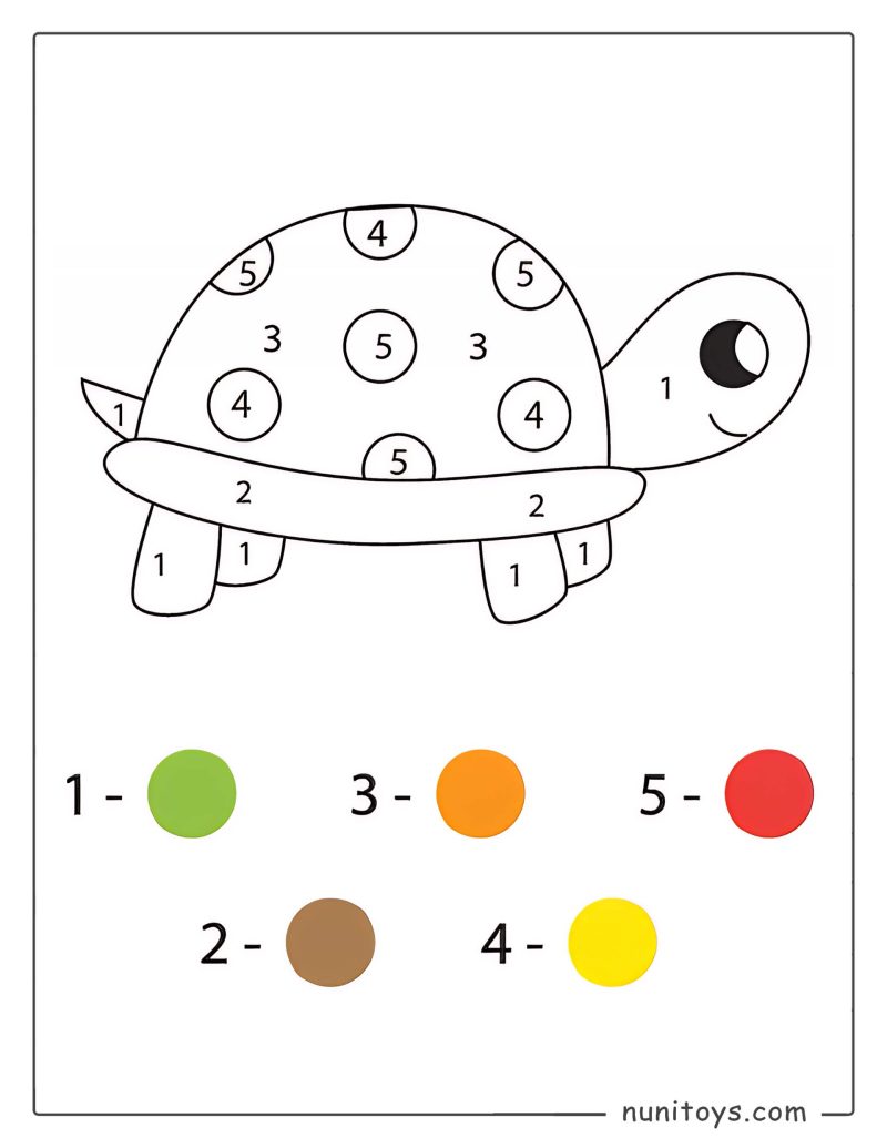 Coloriage par numéros d’une tortue souriante pour enfants d’âge préscolaire